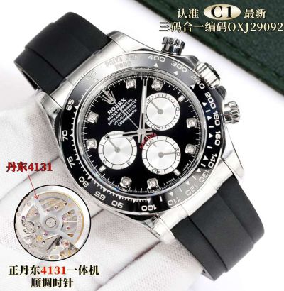Rolex Daytona Replica with Black Dial Dandong 4131 Movement OXJ29092 Black Dial Rubber Strap Watch